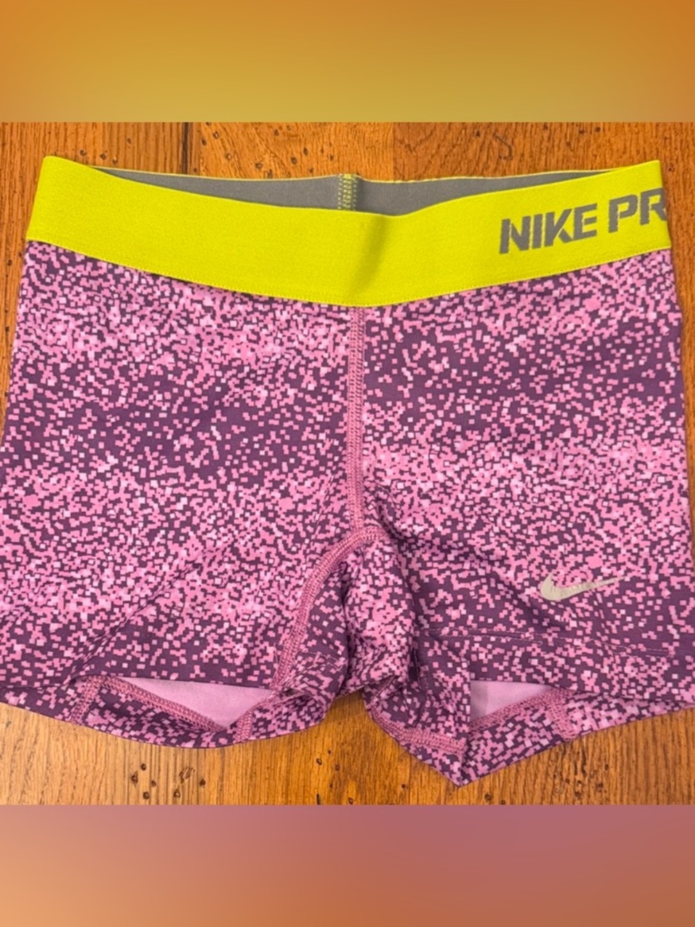 Nike Pro Pixelated Purple and Pink Shorts with Yellow Waistband